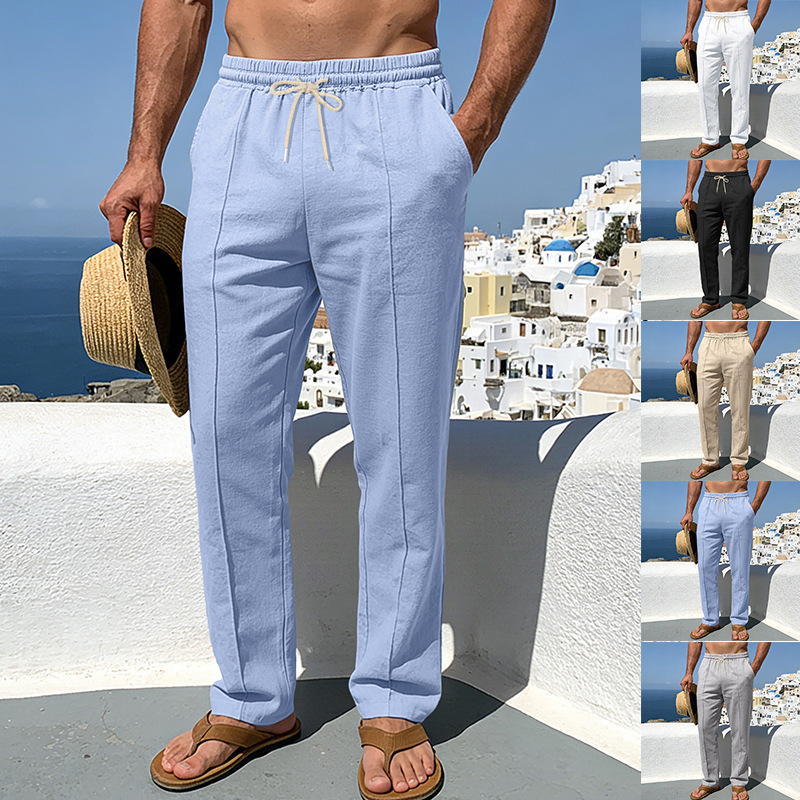 Fishing Rod Travel - Pantalones de Lino Casuales para Hombre,